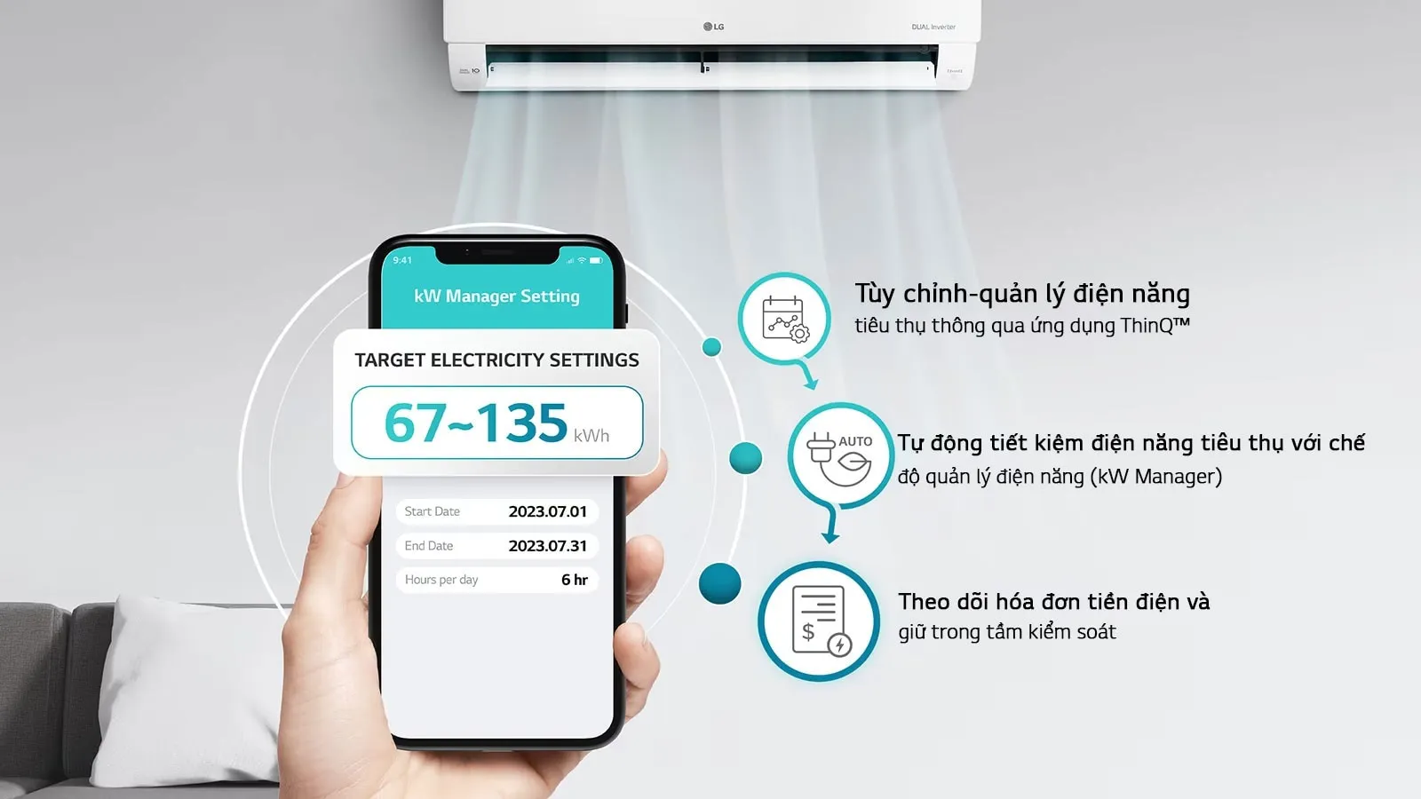 Quản lý điện năng máy lạnh lg trên app điện thoại